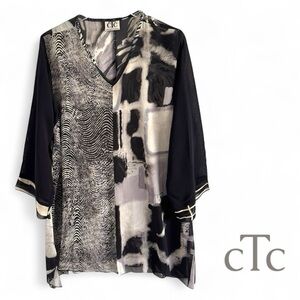 CTC CAROL TURNER COLLECTION SEMI-SHEER V-NECK 3/3 SLEEVES TUNIC TOP SZ M 10 / 12